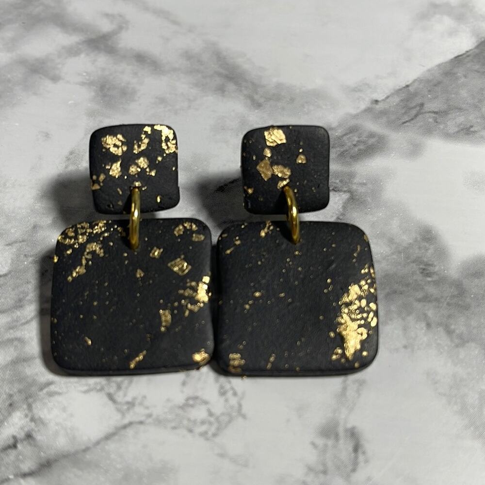 Handcrafted Black With Gold Flake Square Drop Earrings NWOT